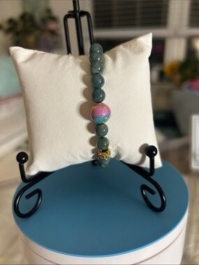 Jade Beaded Stretch Bracelet with Gold/Pink/White Accent Beads & Certificate NWT